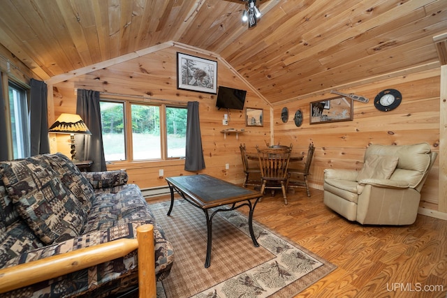 living area with wood ceiling, vaulted ceiling, wooden walls, and wood finished floors