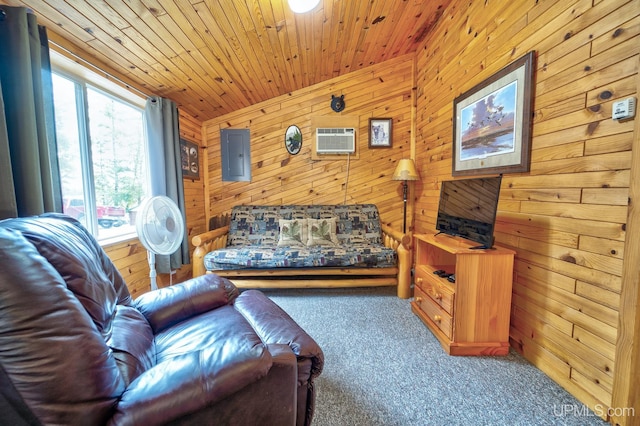 carpeted living room with a wall mounted AC, wooden ceiling, electric panel, and wooden walls