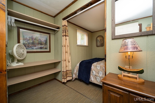 bedroom with carpet floors and ornamental molding