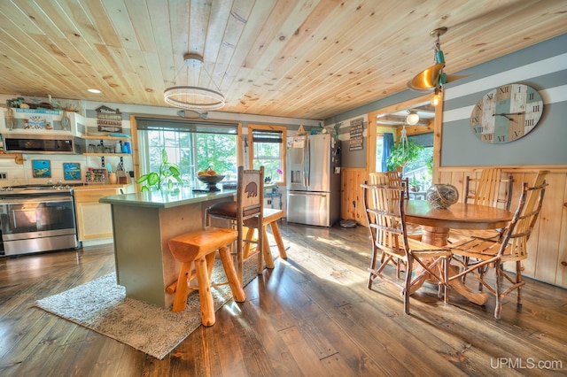 kitchen with wood ceiling, stainless steel appliances, dark hardwood / wood-style floors, and a kitchen bar