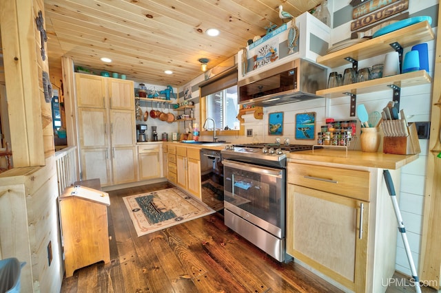 kitchen with butcher block countertops, sink, wood ceiling, light brown cabinets, and stainless steel appliances