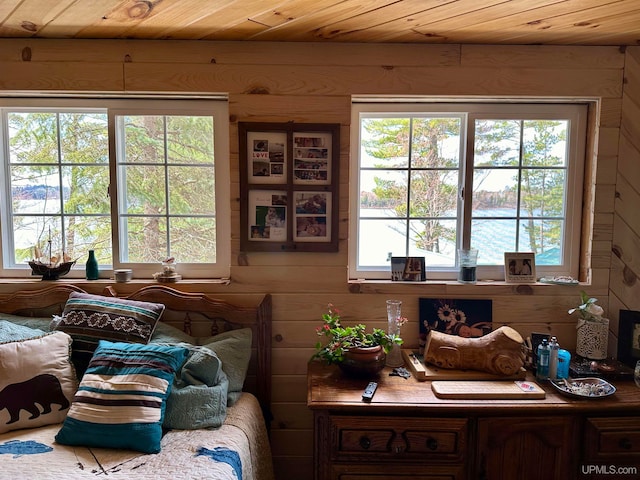 interior space featuring wood ceiling and wooden walls