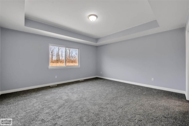 carpeted empty room with a raised ceiling