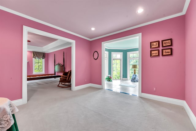 spare room featuring carpet and crown molding