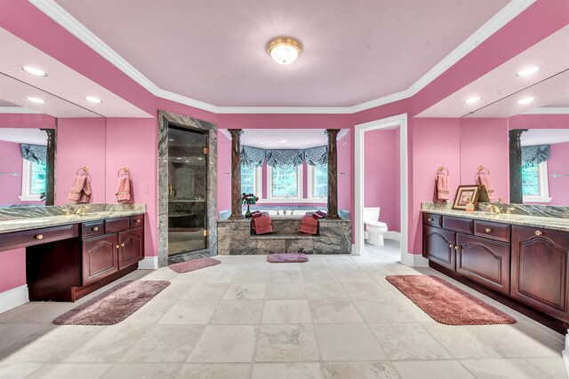 bathroom featuring tile flooring, walk in shower, ornamental molding, toilet, and vanity