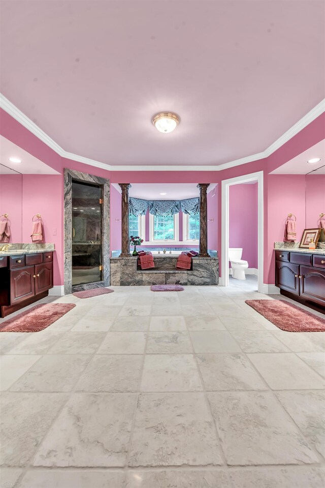 unfurnished living room featuring tile flooring and ornamental molding