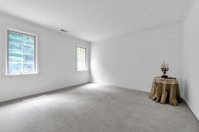 carpeted spare room with ornamental molding