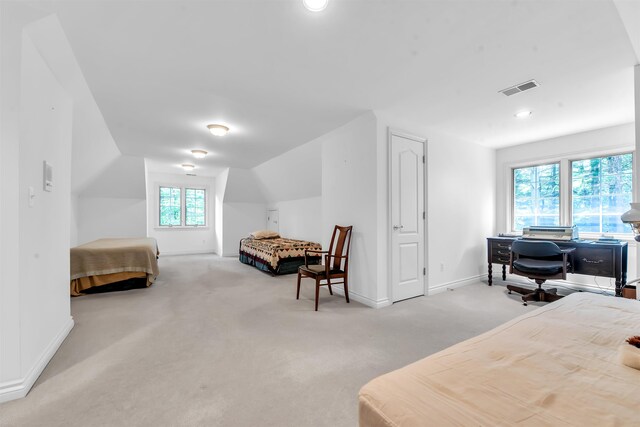 bedroom featuring lofted ceiling and carpet flooring