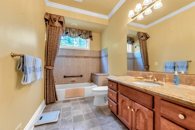 bathroom with tile floors, crown molding, vanity, and toilet