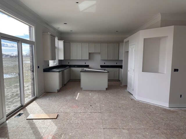 kitchen with a center island, gray cabinetry, crown molding, and a water view