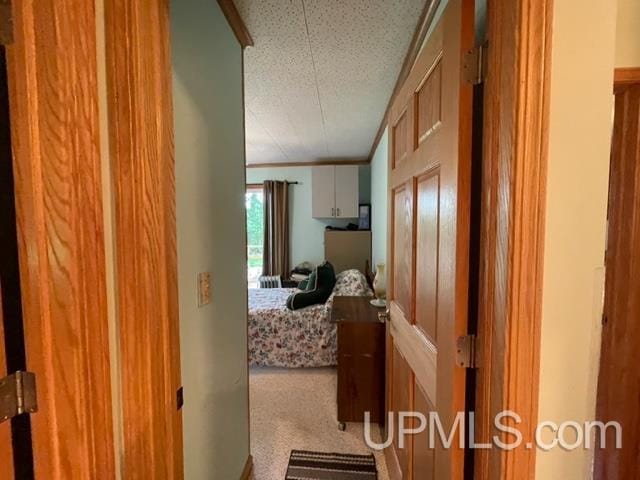 corridor with a textured ceiling and carpet flooring