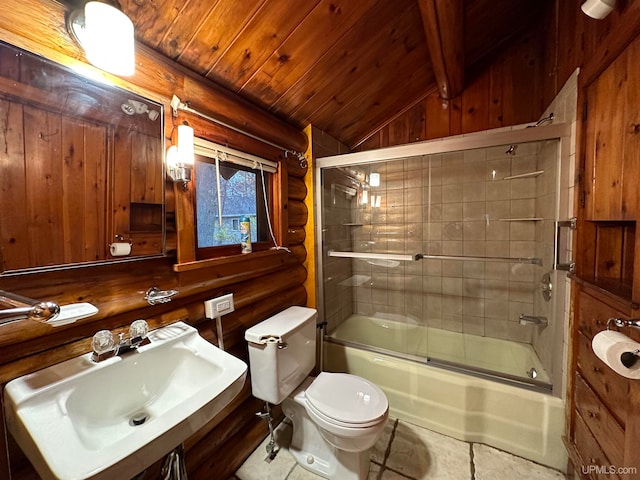 full bathroom featuring vaulted ceiling, bath / shower combo with glass door, sink, wood ceiling, and toilet