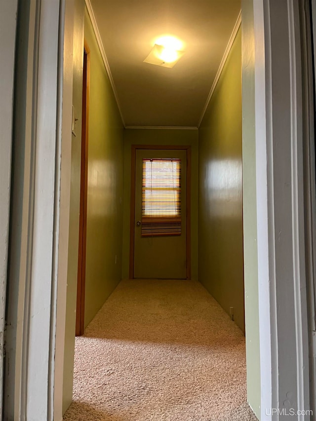 hallway with light carpet and crown molding