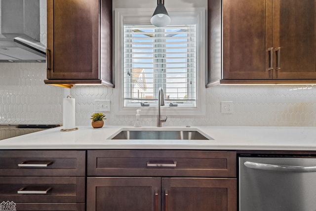 kitchen with pendant lighting, sink, decorative backsplash, and dishwasher