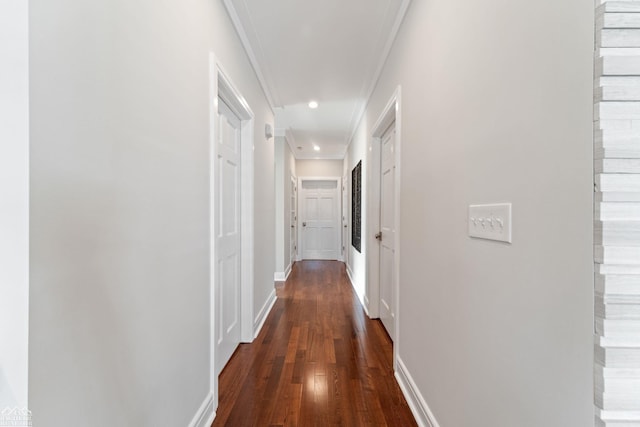 corridor featuring crown molding and dark wood-type flooring