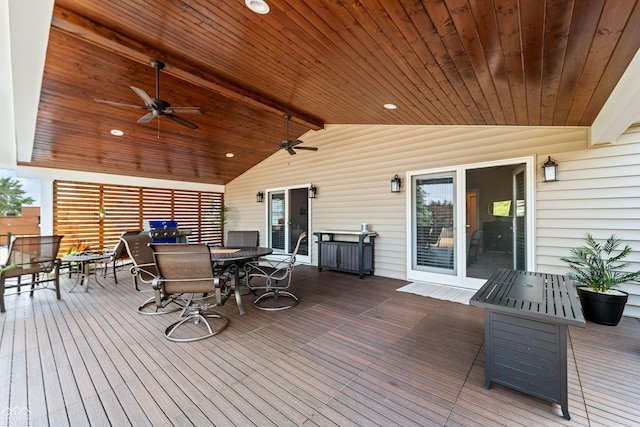 wooden terrace featuring ceiling fan