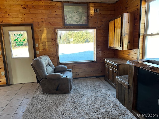 sitting room featuring light tile patterned floors and wooden walls