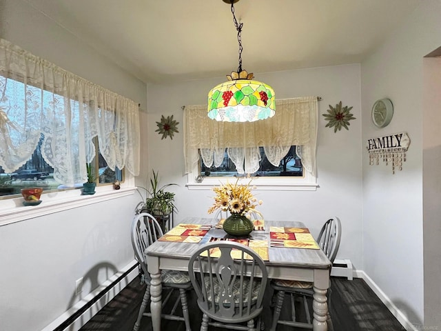 dining room with dark wood-style floors, a baseboard heating unit, and baseboards