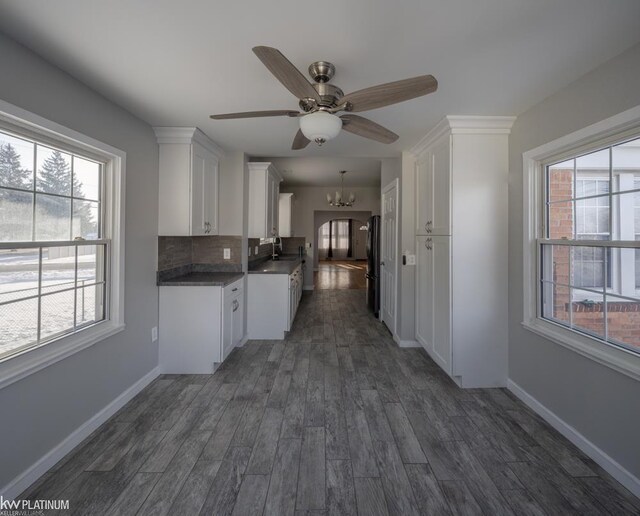 kitchen with dark wood-type flooring, tasteful backsplash, a wealth of natural light, and white cabinetry