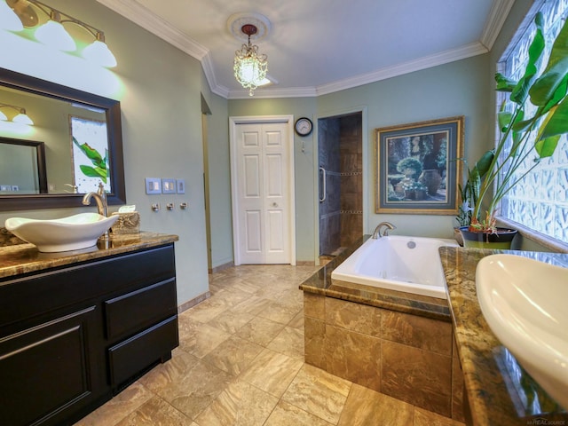 bathroom with a healthy amount of sunlight, vanity, shower with separate bathtub, and crown molding