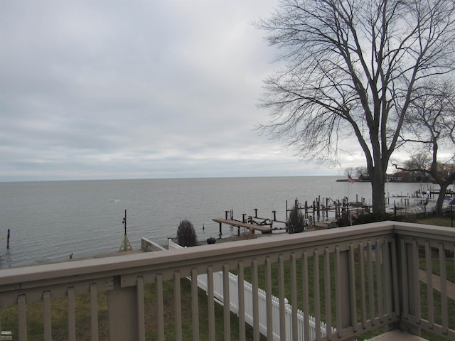 view of water feature with a dock