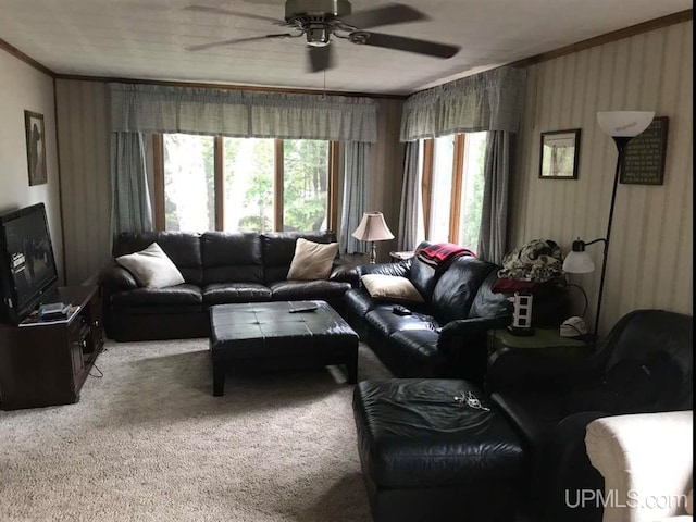 carpeted living room featuring ornamental molding and ceiling fan