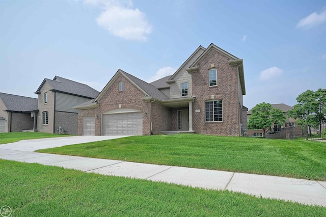 front facade with a front lawn and a garage