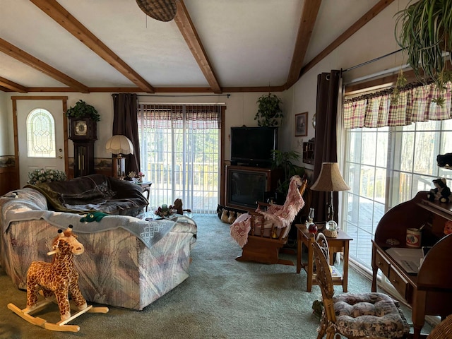 living room with carpet and vaulted ceiling with beams