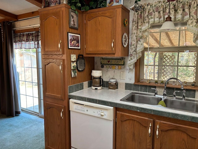 kitchen with sink, carpet floors, and dishwasher