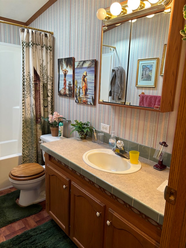 full bathroom with vanity, hardwood / wood-style floors, shower / bath combination with curtain, and toilet