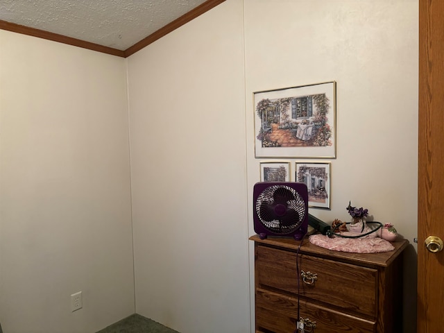 interior space with ornamental molding and a textured ceiling