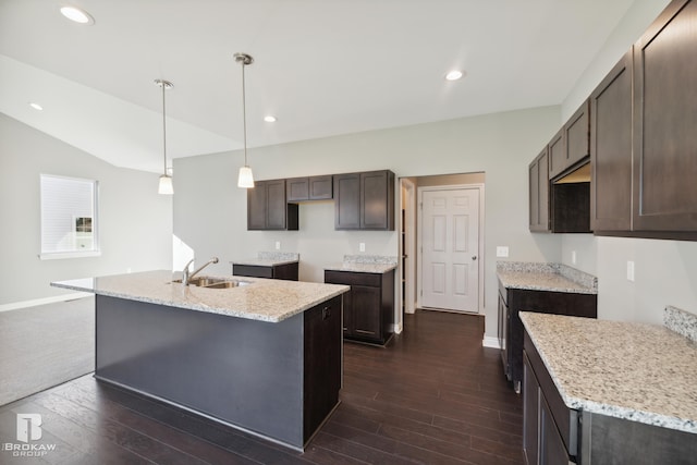 kitchen with dark hardwood / wood-style flooring, sink, light stone counters, and a center island with sink