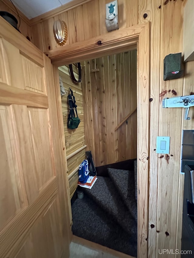 mudroom with wooden walls