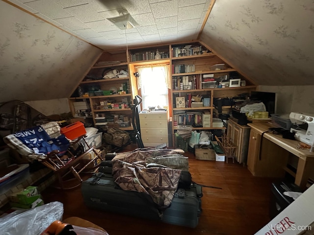 interior space featuring dark hardwood / wood-style flooring, lofted ceiling, and built in features