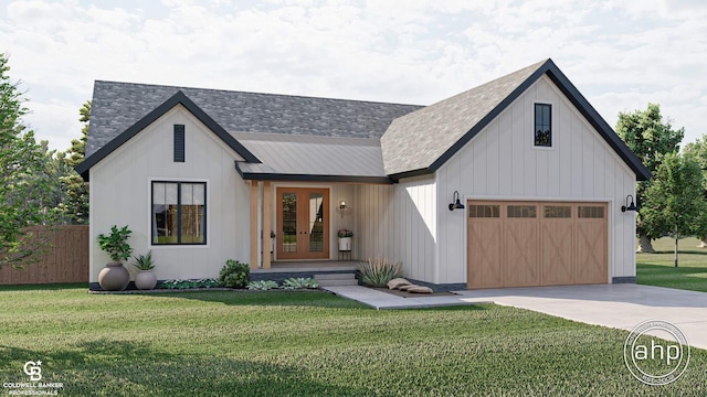 modern farmhouse featuring french doors and a front lawn