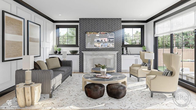 interior space featuring ornamental molding and light hardwood / wood-style floors