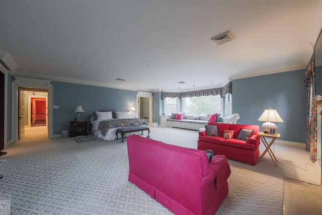 living room with ornamental molding and light colored carpet