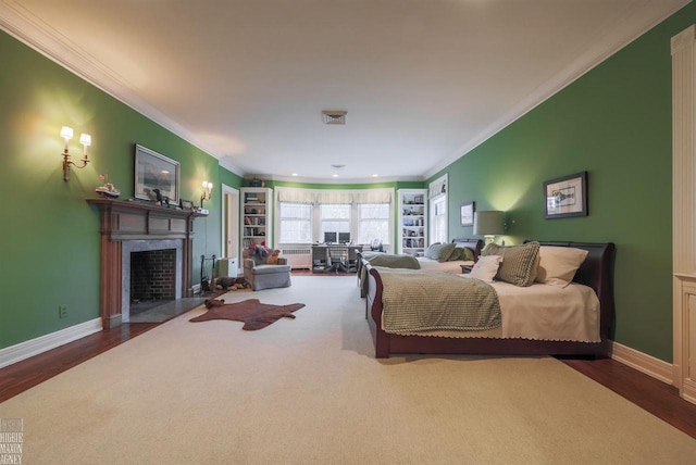 bedroom featuring dark hardwood / wood-style flooring and crown molding