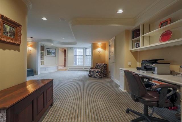 home office featuring ornamental molding, light colored carpet, a baseboard radiator, and built in shelves