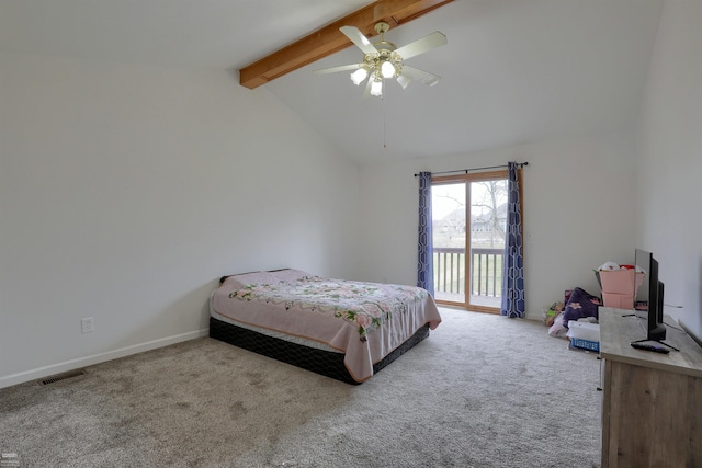 bedroom with ceiling fan, vaulted ceiling with beams, access to outside, and light carpet