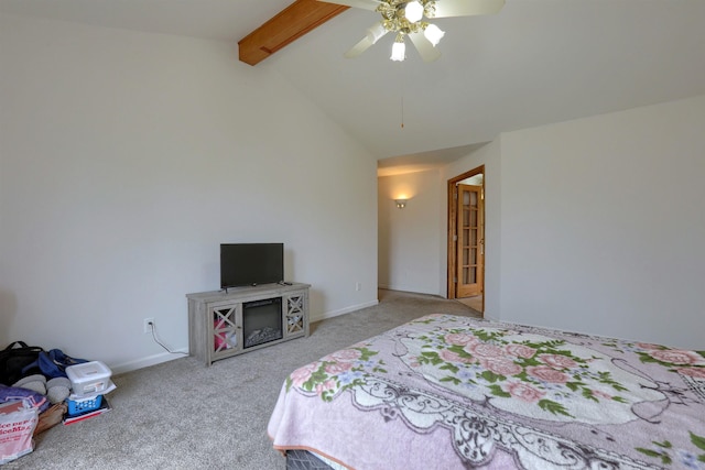 carpeted bedroom with ceiling fan and lofted ceiling with beams