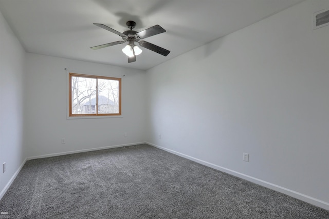 spare room featuring ceiling fan and dark carpet