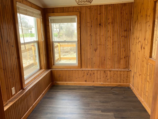 spare room with dark hardwood / wood-style floors and wooden walls