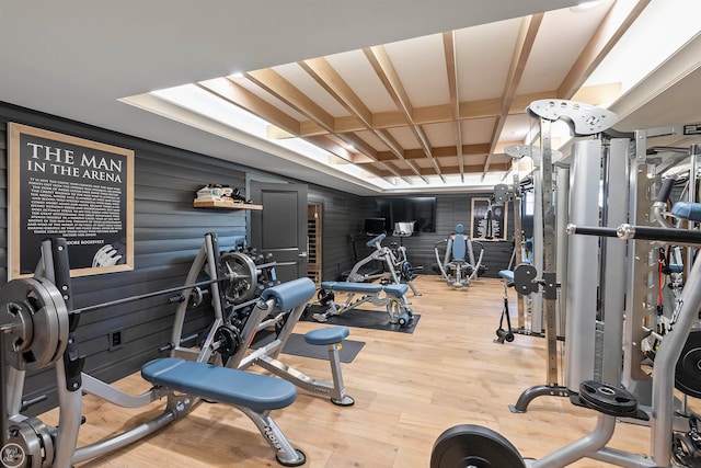 gym with hardwood / wood-style flooring