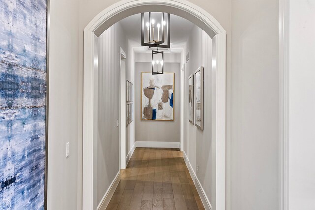 hall featuring an inviting chandelier and wood-type flooring