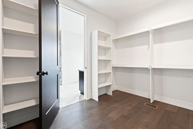 spacious closet featuring dark hardwood / wood-style flooring