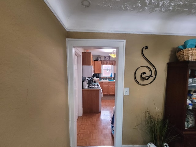 hall featuring sink, ornamental molding, and parquet floors