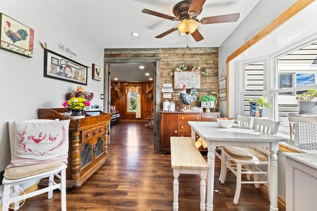 dining space featuring plenty of natural light, ceiling fan, and dark hardwood / wood-style floors