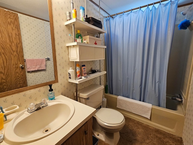 full bathroom with shower / tub combo, vanity, and toilet