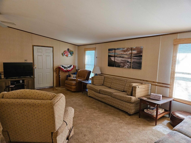 living room featuring vaulted ceiling and carpet flooring